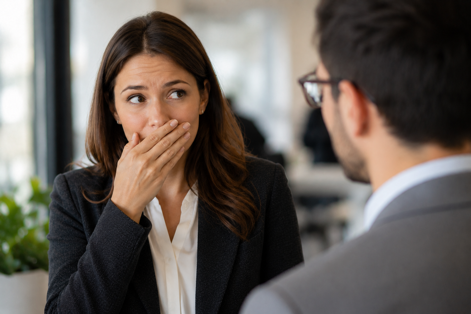 Person discreetly covering mouth during a conversation due to breath confidence concerns