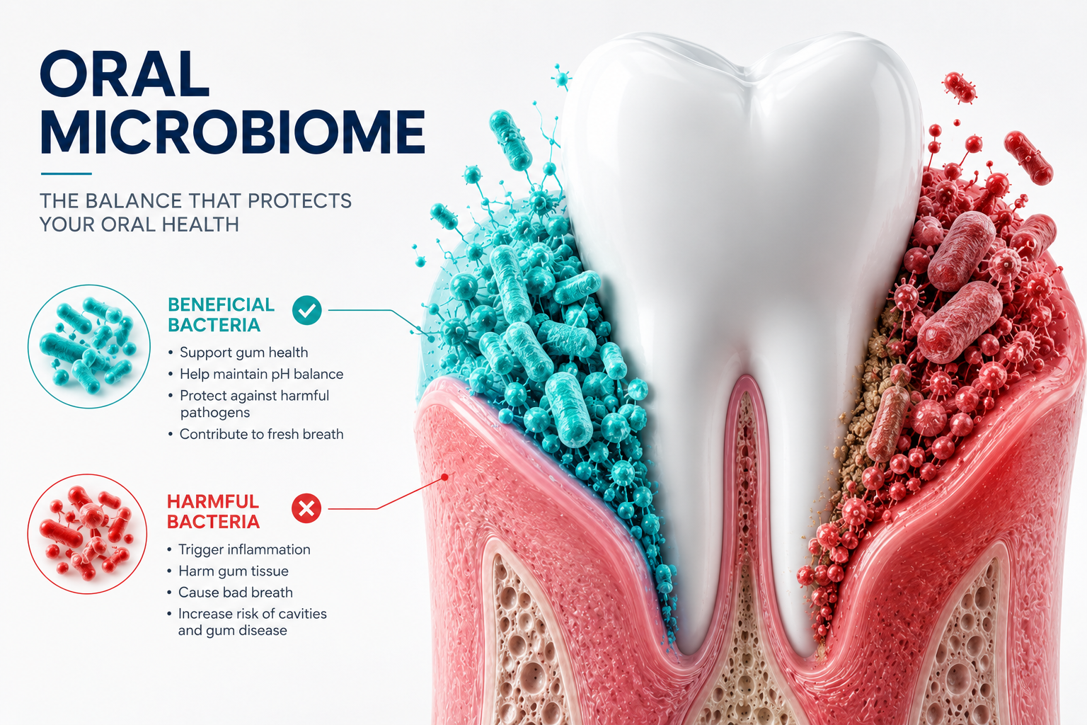 Medical infographic explaining beneficial and harmful bacteria in the oral microbiome
