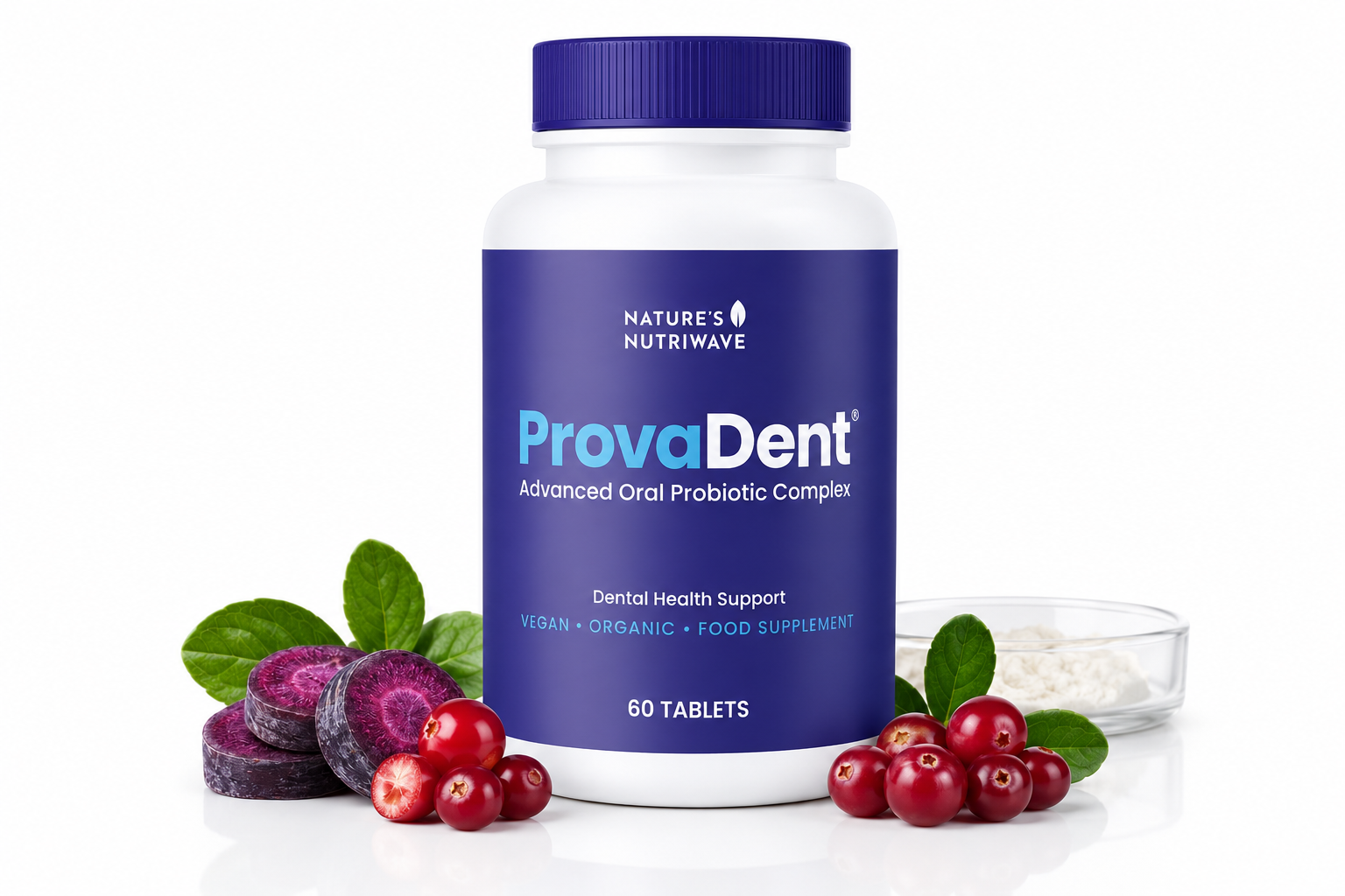 ProvaDent bottle product photo with purple label and oral health supplement ingredients