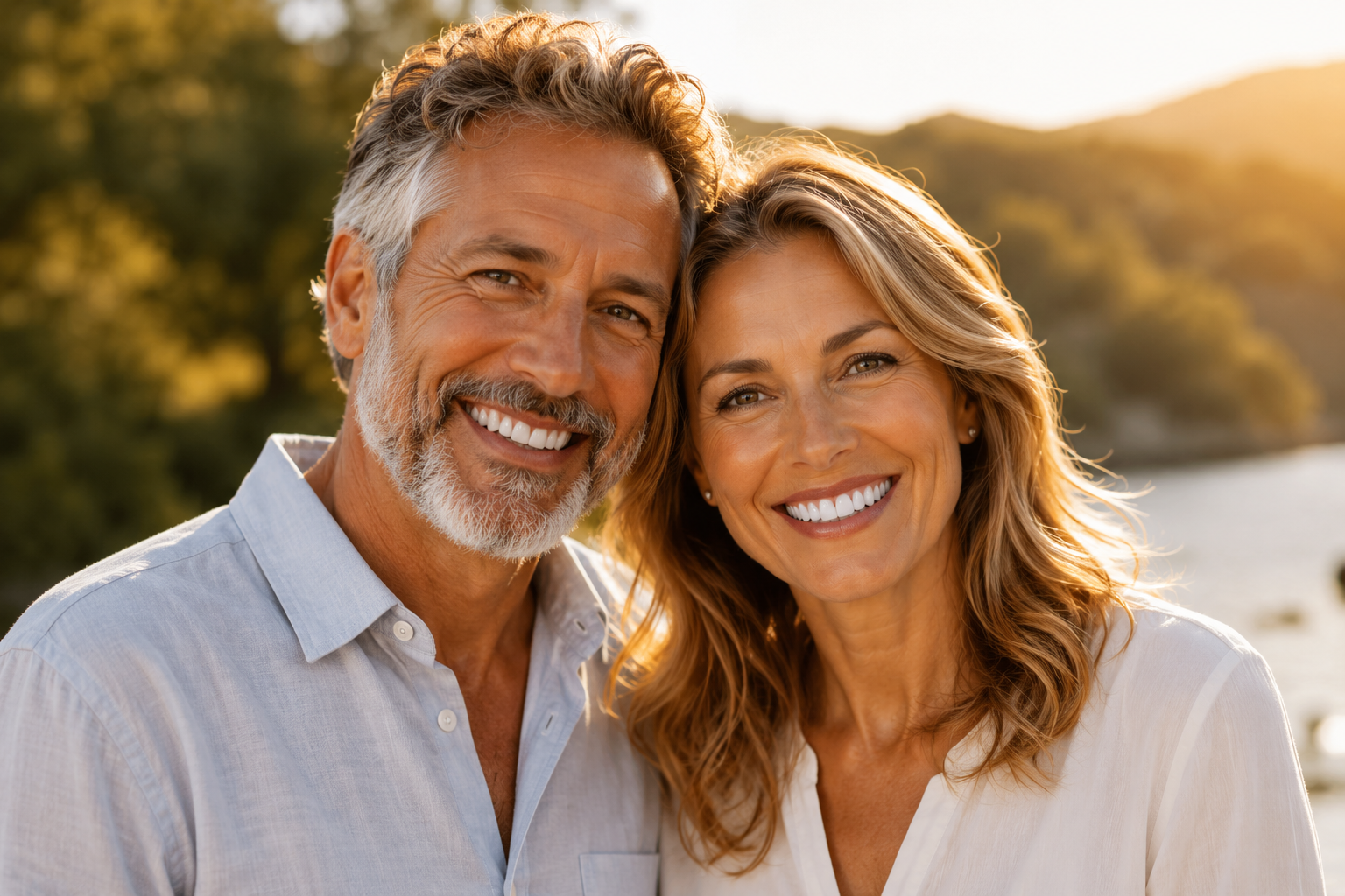 Happy mature couple smiling outdoors representing oral wellness confidence