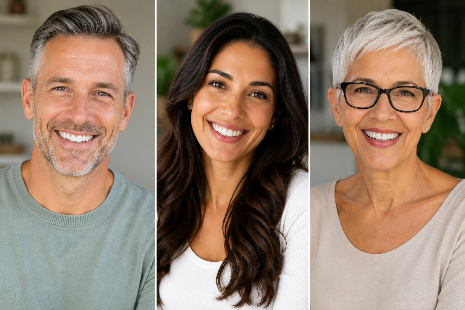 Three smiling adults representing testimonial experiences for oral wellness support